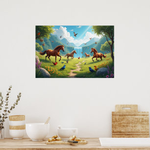 Playful Horses and Birds in Lush Meadow Poster