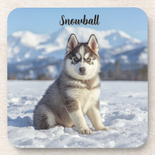 Playful Husky Personalized Beverage Coaster Set