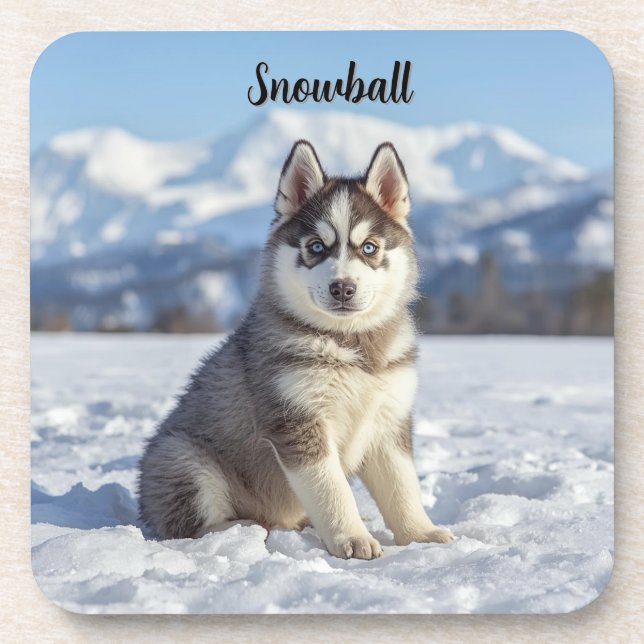 Playful Husky Personalized Beverage Coaster Set (Front)