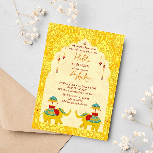 Playful Indian wedding elephants yellow haldi Invitation (Creator Uploaded)