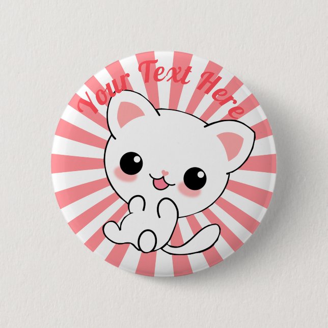 Playful Kawaii White Kitten Custom 2 Inch Round Button (Front)