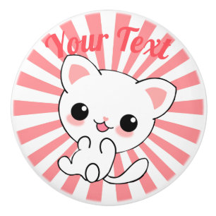 Playful Kawaii White Kitten Custom Ceramic Knob