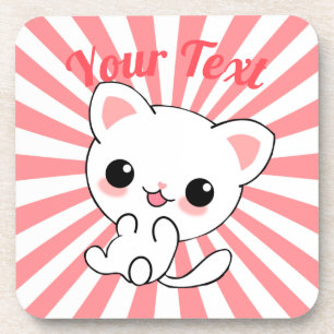 Playful Kawaii White Kitten Custom Coaster