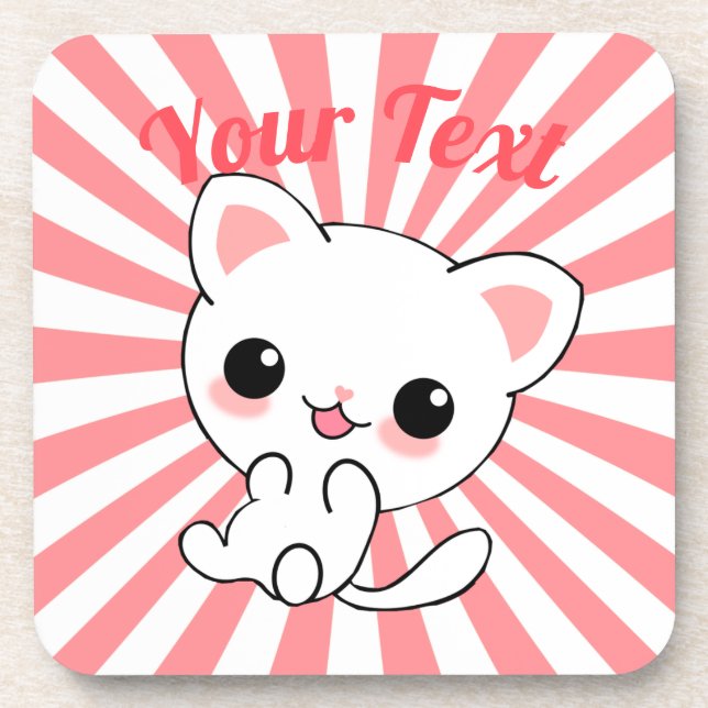 Playful Kawaii White Kitten Custom Coaster (Front)