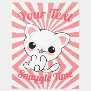 Playful Kawaii White Kitten Custom Fleece Blanket