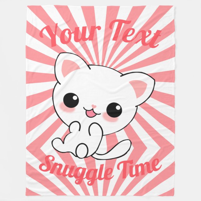 Playful Kawaii White Kitten Custom Fleece Blanket (Front)