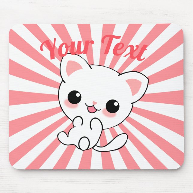 Playful Kawaii White Kitten Custom Mouse Pad (Front)