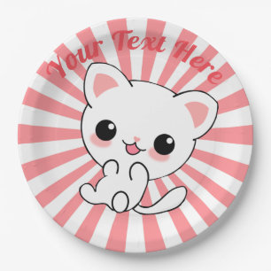Playful Kawaii White Kitten Custom Paper Plate
