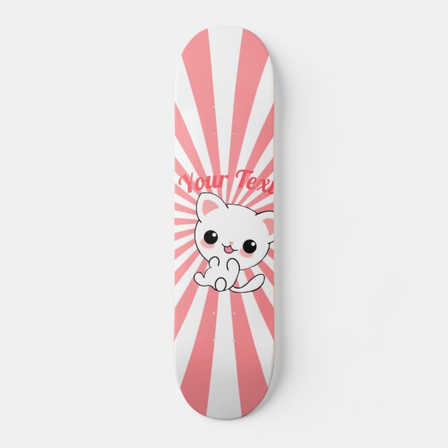 Playful Kawaii White Kitten Custom Skateboard (Front)