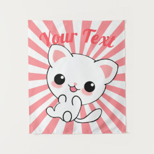 Playful Kawaii White Kitten Custom Tapestry
