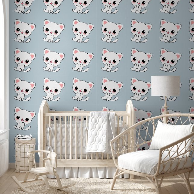 Playful Kawaii White Kitten on Blue Wallpaper (Kids)