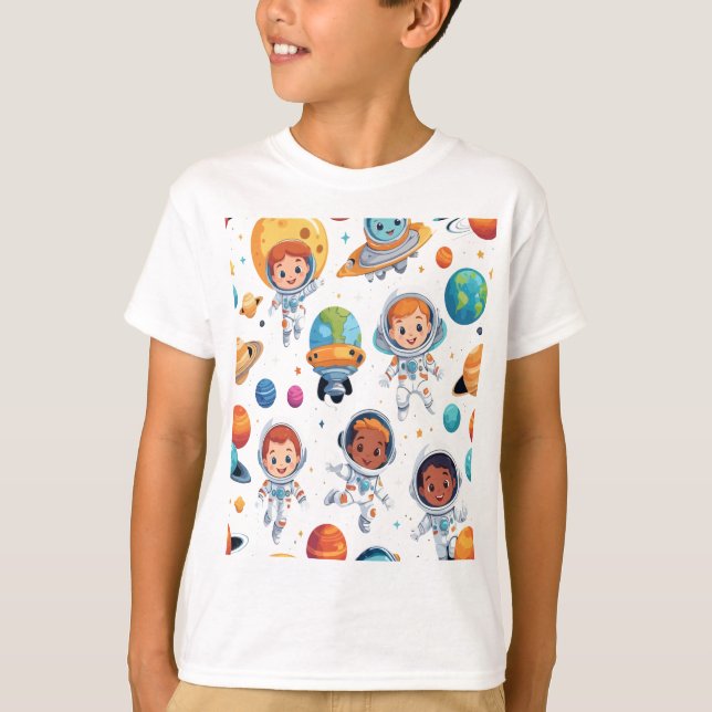Playful Kids in Space Suits with Alien Friends  T-Shirt (Front)