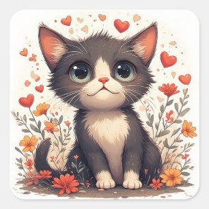 Playful Kitten Among Hearts And Flowers Cute 🌼 Square Sticker