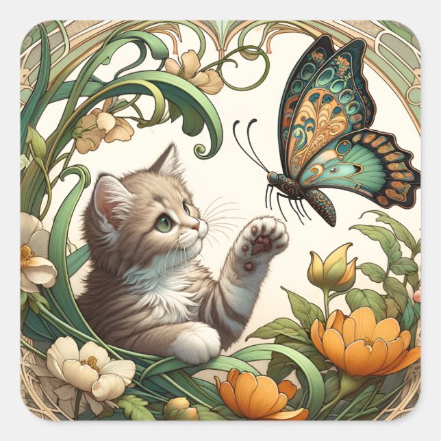 Playful Kitten and Butterfly Art Nouveau Square Sticker (Front)