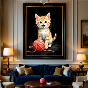 Playful Kitten Cat with Yarn Watercolor Print