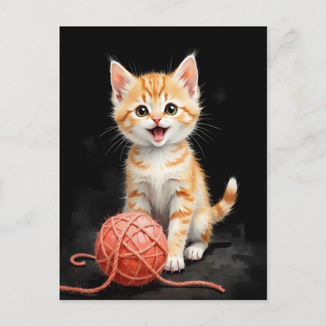 Playful Kitten Cat with Yarn Watercolor Print Postcard (Front)