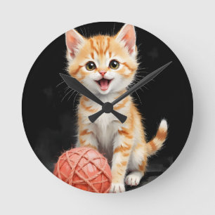 Playful Kitten Cat with Yarn Watercolor Print Round Clock