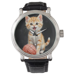 Playful Kitten Cat with Yarn Watercolor Print Watch