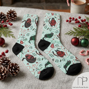 Playful Kitten Mint Christmas Socks