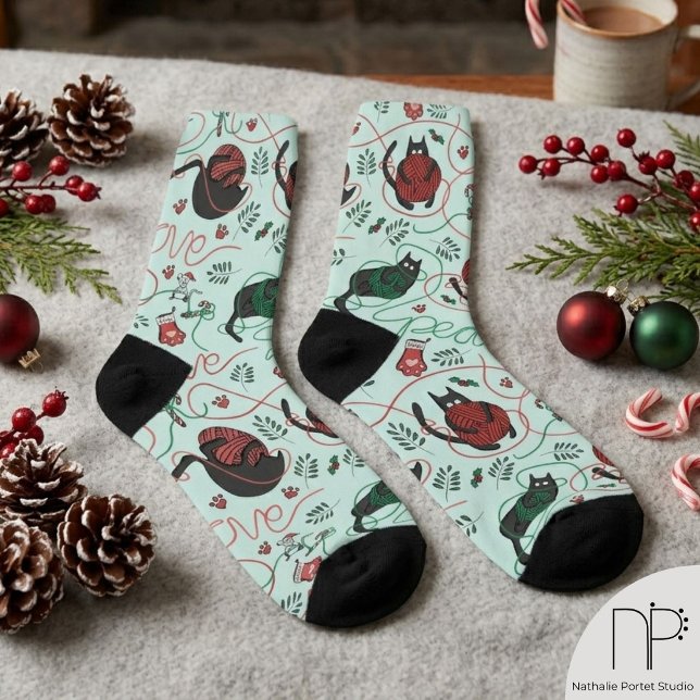 Playful Kitten Mint Christmas Socks (These Playful Kitten mint Christmas Socks with hand-drawn art, perfect for cat lovers this holiday)