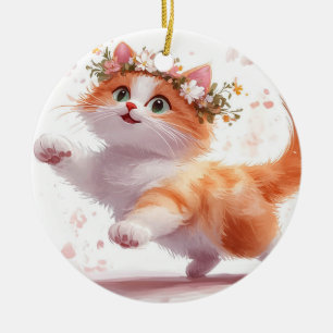 Playful Kitten with Daisy Flower Crown Ceramic Ornament
