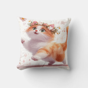 Playful Kitten with Daisy Flower Crown Throw Pillow