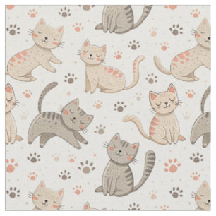 Playful Kittens and Paw Prints - Kids Cat Pattern Fabric