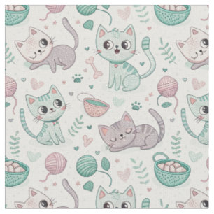 Playful Kittens & Pawprints - Cute Cat Pattern Art Fabric