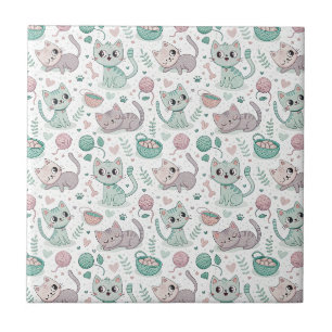 Playful Kittens & Pawprints - Cute Cat Pattern Art Tile