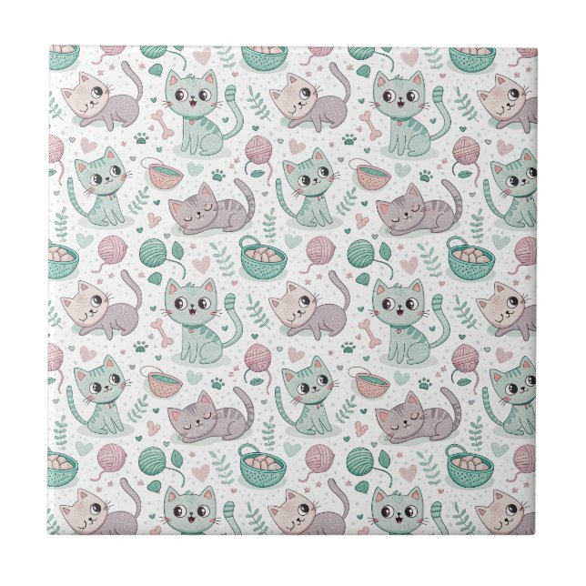 Playful Kittens & Pawprints - Cute Cat Pattern Art Tile (Front)