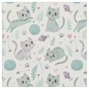 Playful Kittens, Yarn, and Fish - Cute Cat Pattern Fabric