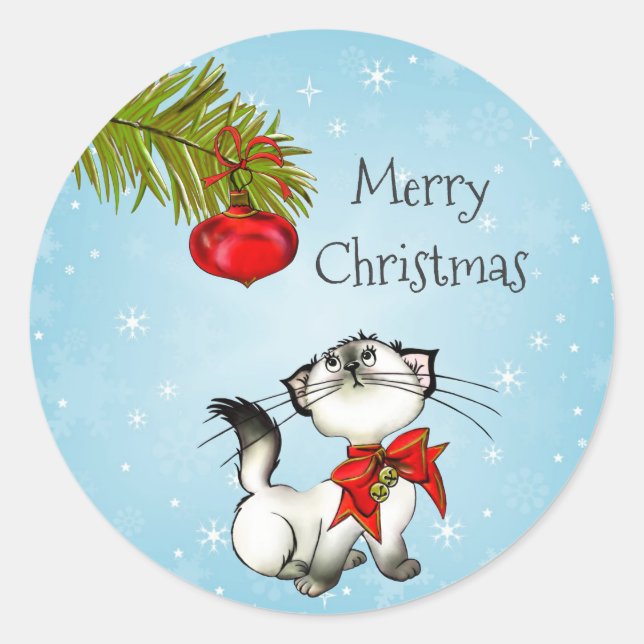Playful Kitty Cat In A Red Christmas Bow Classic Round Sticker (Front)