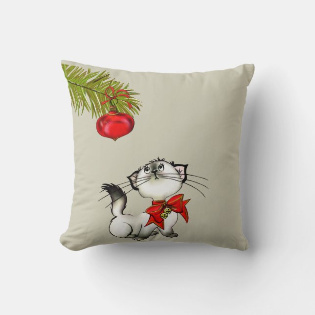 Playful Kitty Cat In A Red Christmas Bow Throw Pillow (Front)