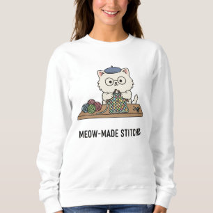 Playful Kitty Knitting Colorful Stitches Graphic Sweatshirt
