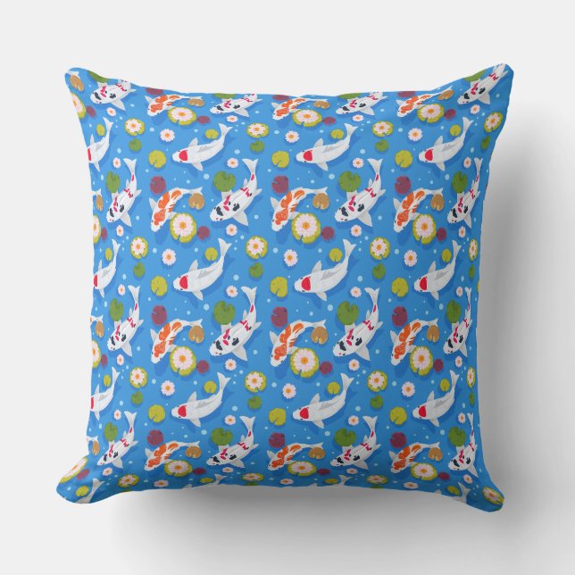 Playful Koi Fish Blue Pond Pattern Design Throw Pillow (Front)
