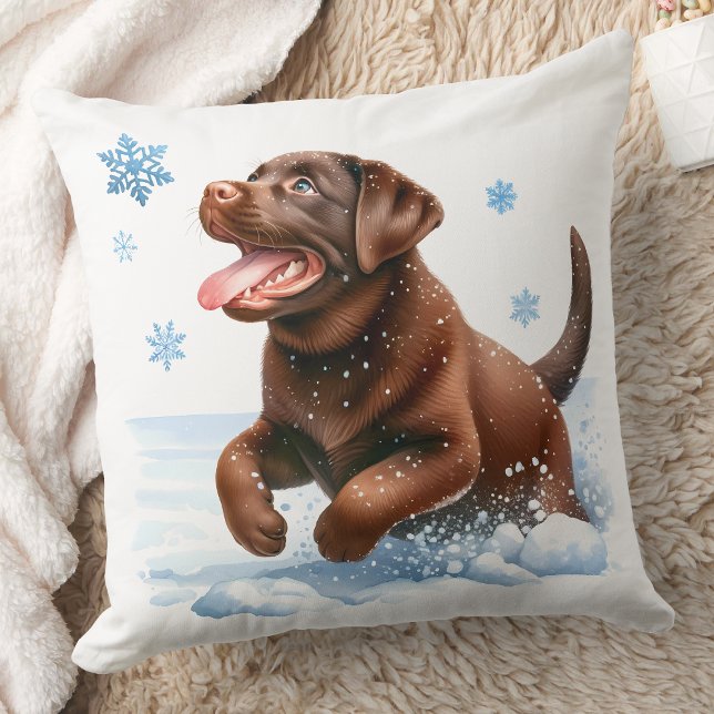 Playful Labrador Retriever Snowflakes Puppy Dog  Throw Pillow (Creator Uploaded)