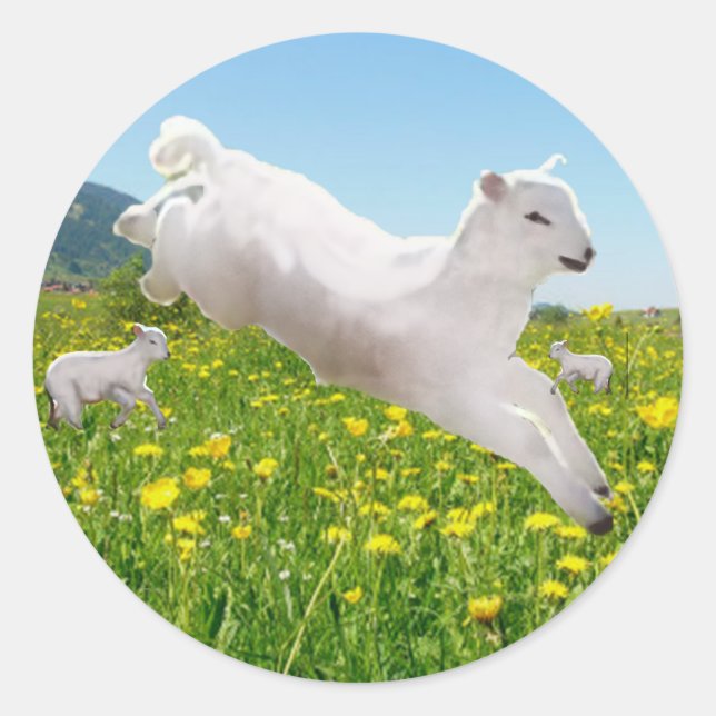 Playful Leaping Lambs Easter  Classic Round Sticker (Front)
