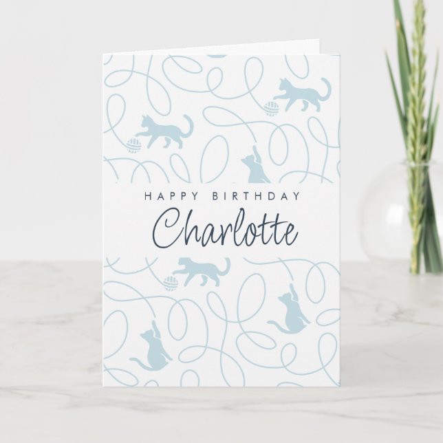 Playful Light Blue Cat Pattern Birthday Card (Front)