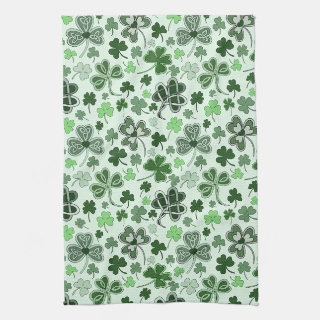Playful Light Green Shamrock Hearts Pattern Celtic Kitchen Towel (Vertical)