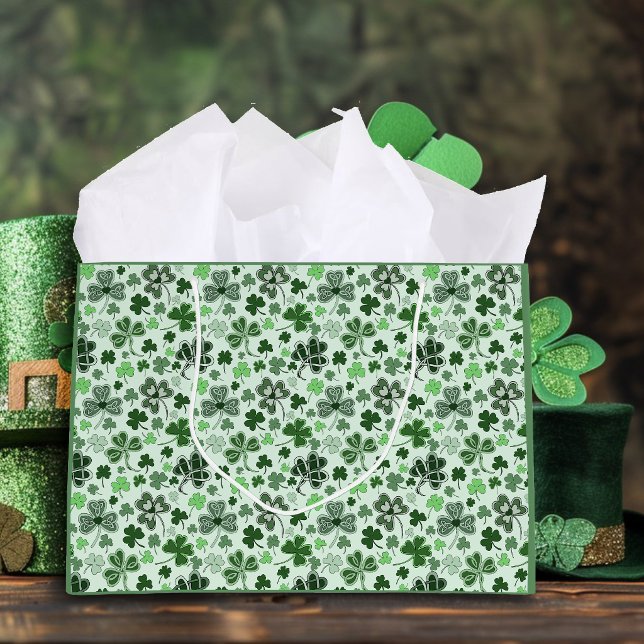 Playful Light Green Shamrock Hearts Pattern Celtic Large Gift Bag (Creator Uploaded)