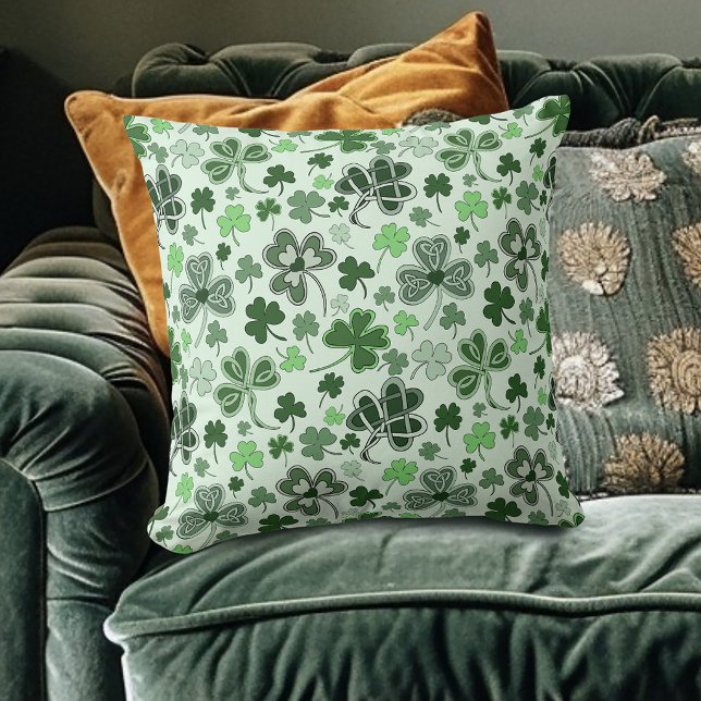 Playful Light Green Shamrock Hearts Pattern Celtic Throw Pillow (Creator Uploaded)