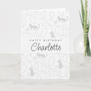 Playful Light Grey Cat Pattern Birthday Card