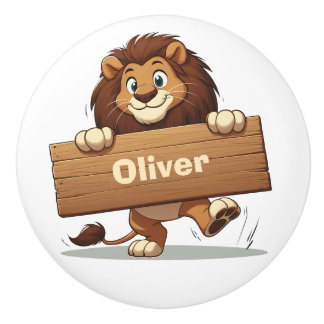 Playful Lion with Wooden Name Plate Ceramic Knob