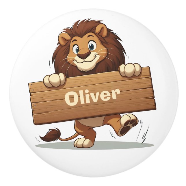 Playful Lion with Wooden Name Plate Ceramic Knob (Front)