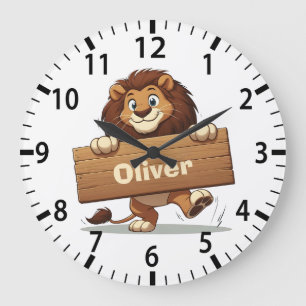 Playful Lion with Wooden Name Plate Large Clock