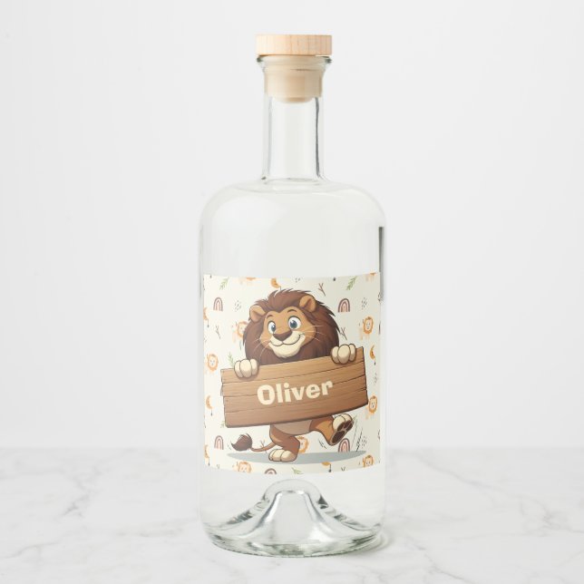 Playful Lion with Wooden Name Plate Liquor Bottle Label (Front)