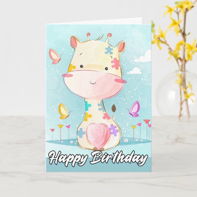 Playful Little Posing Giraffe | Happy Birthday Card (Yellow Flower)