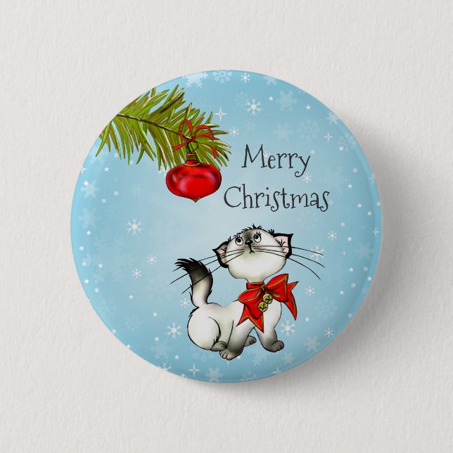 Playful Merry Christmas Kitty With A Red Bow 2 Inch Round Button (Front)