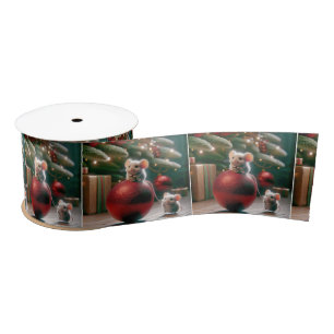 Playful Mice On Red Christmas Ornament Satin Ribbon