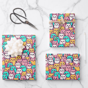 Playful Minimalist Cats in Multi-Coloured Pastels Wrapping Paper Sheet